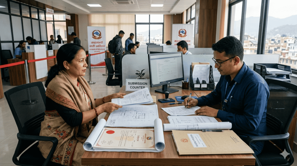 Architect and homeowner reviewing Naksha Pass blueprints for a modern house in Nepal