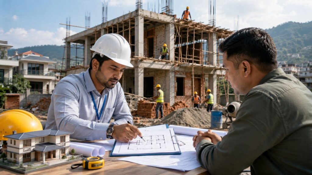 Licensed civil engineer consulting with a homeowner at a residential construction site in Nepal, reviewing architectural blueprints in front of an RCC building under construction.