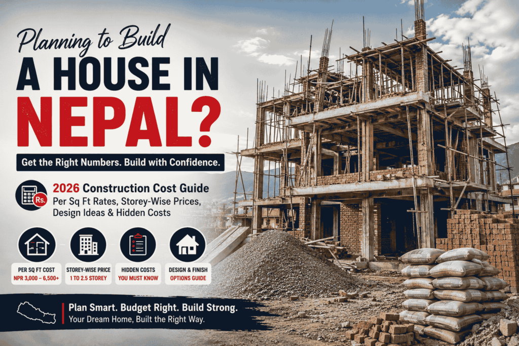 House construction cost in Nepal 2026 guide showing a multi storey house under construction with per sq ft rates and pricing details