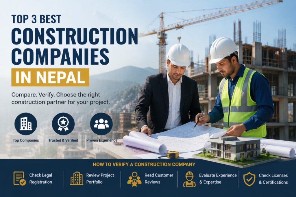 Top 3 best construction companies in Nepal comparison featuring engineers reviewing building plans at a modern construction site