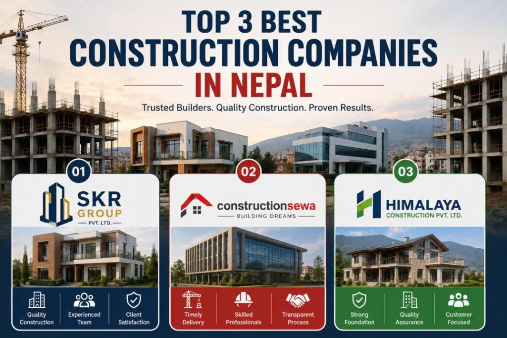 Top 3 construction companies in Nepal featuring SKR Group, Construction Sewa, and Himalaya Construction Pvt. Ltd.